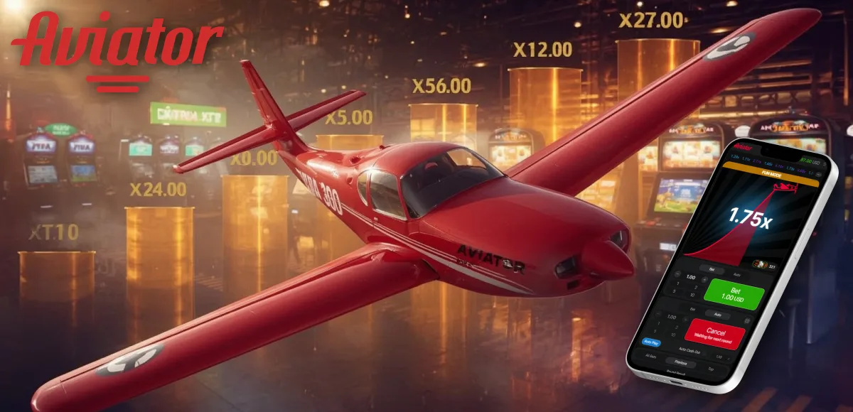 Red Aviator plane flying above slot machines and game app