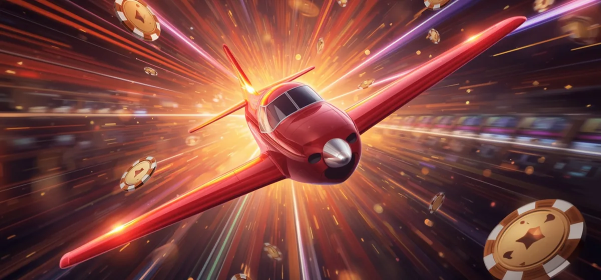 Red Aviator game aircraft flying through casino lights and chips