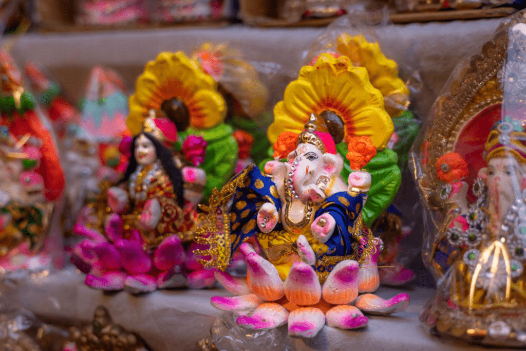 Decorated idols of Goddess Lakshmi and Lord Ganesha during Diwali night worship