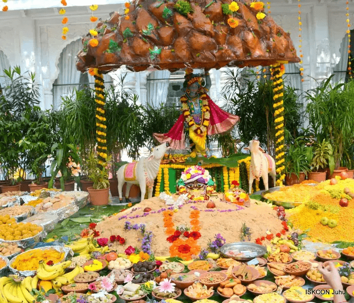 Annakut offering displayed in a temple during Govardhan Puja celebration